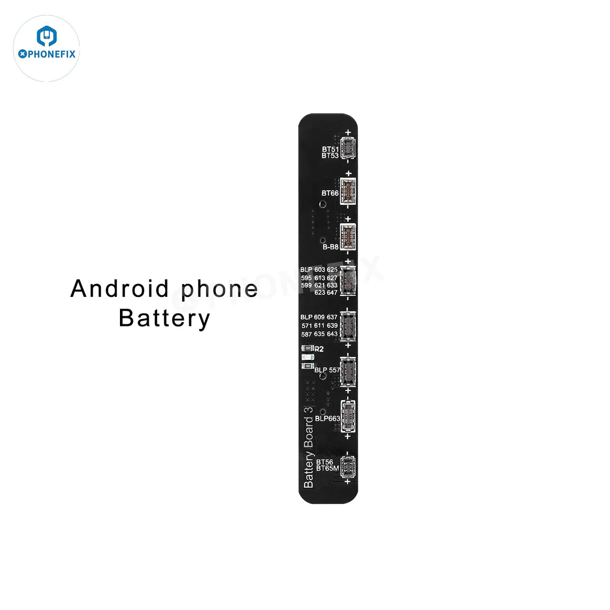 PHONEFIX W28 Pro screen battery tester for iPhone, iPad, Apple Watch, and Android devices, showing device connection on the screen.