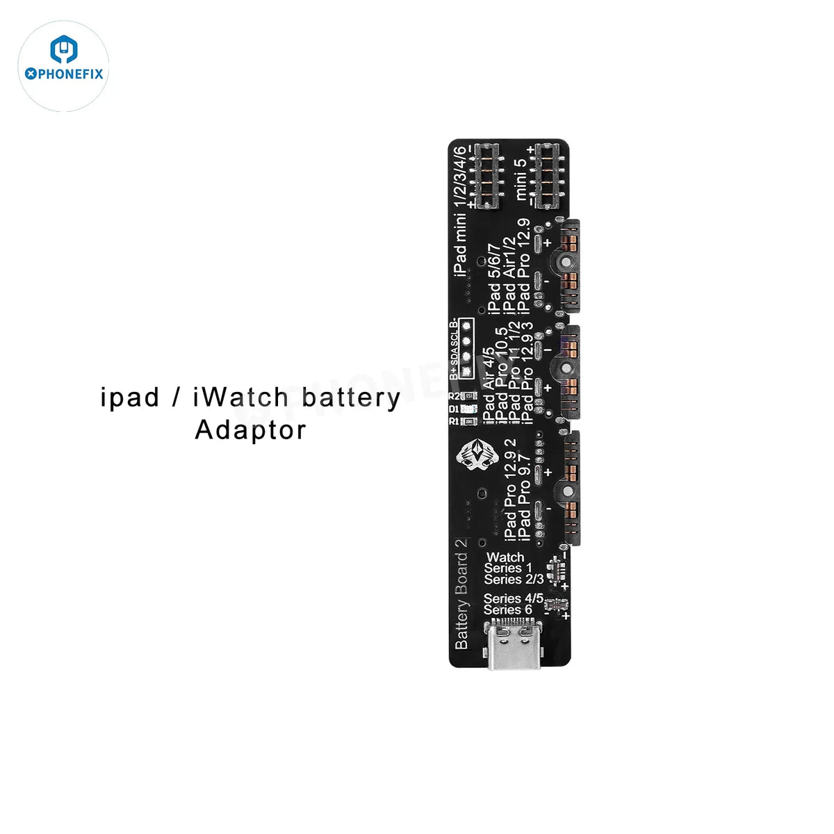 PHONEFIX W28 Pro Screen Battery Tester for iPhone, iPad, Apple Watch, and Android devices, showing testing interface on the device screen.