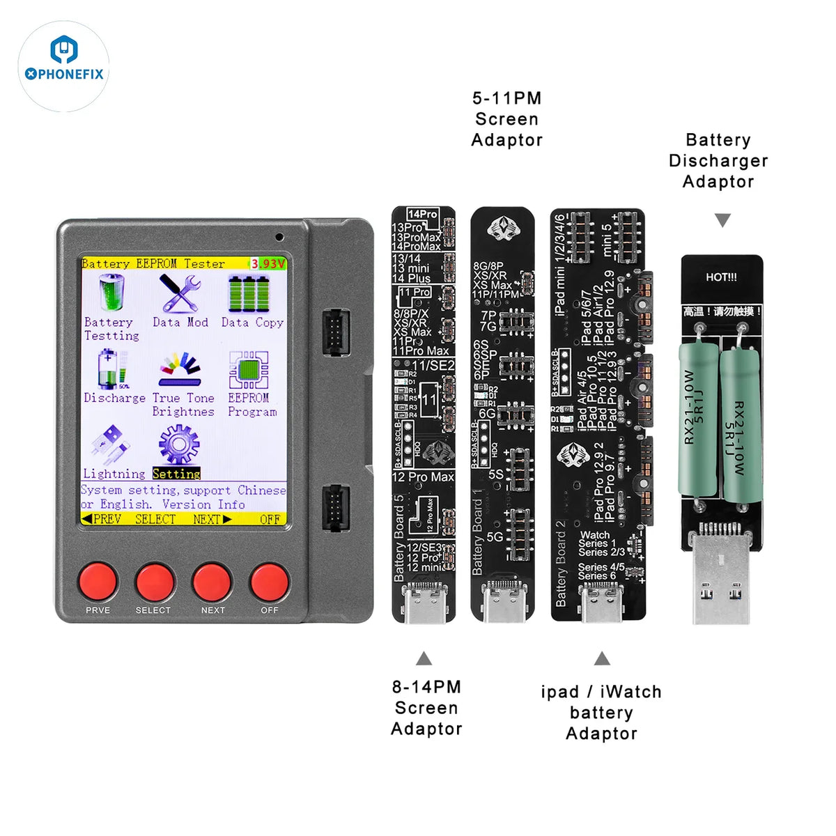 PHONEFIX W28 Pro screen battery tester for iPhone, iPad, Apple Watch, and Android devices showing battery status on the device screen.