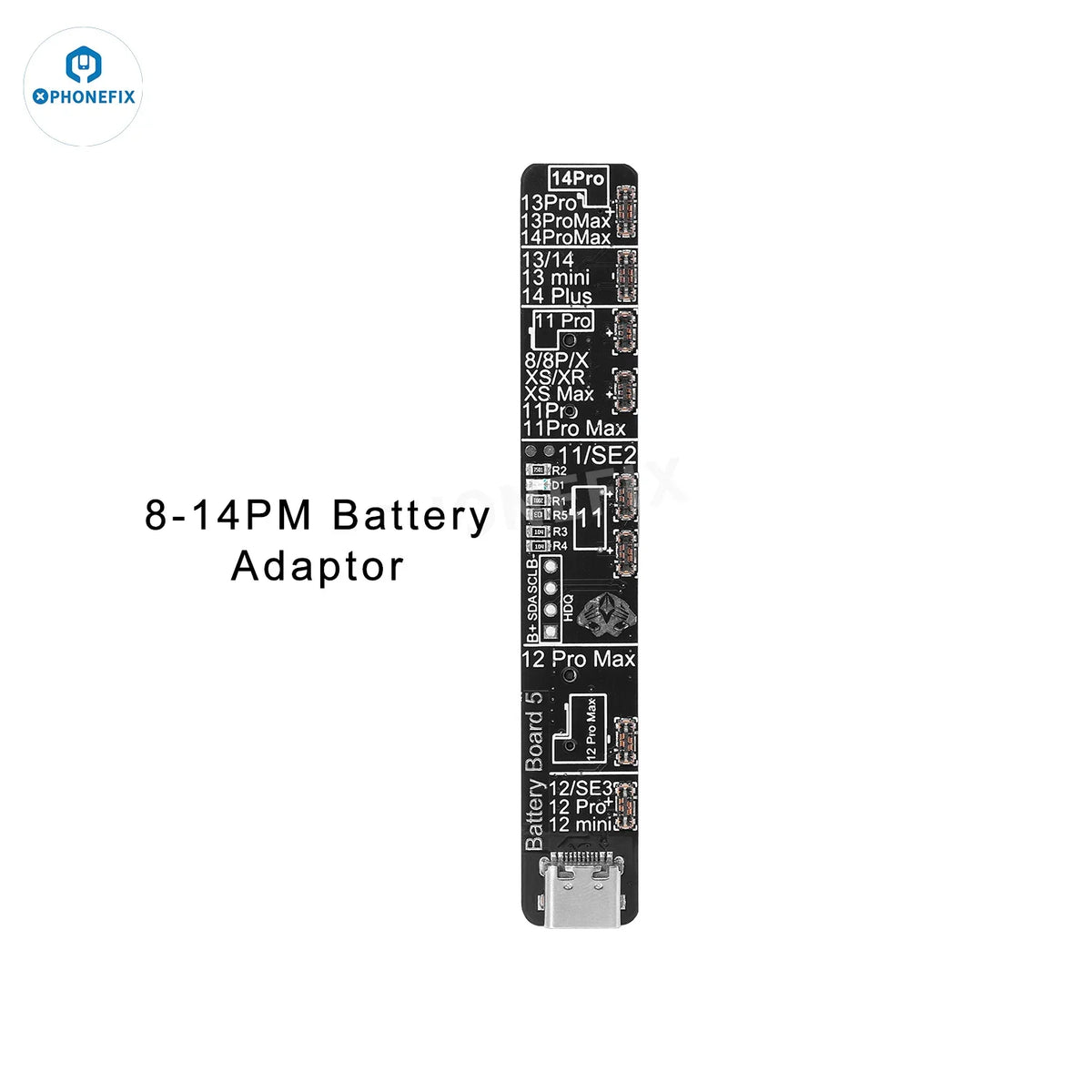 PHONEFIX W28 Pro screen battery tester for iPhone, iPad, Apple Watch, and Android devices, showing device screens testing battery health.