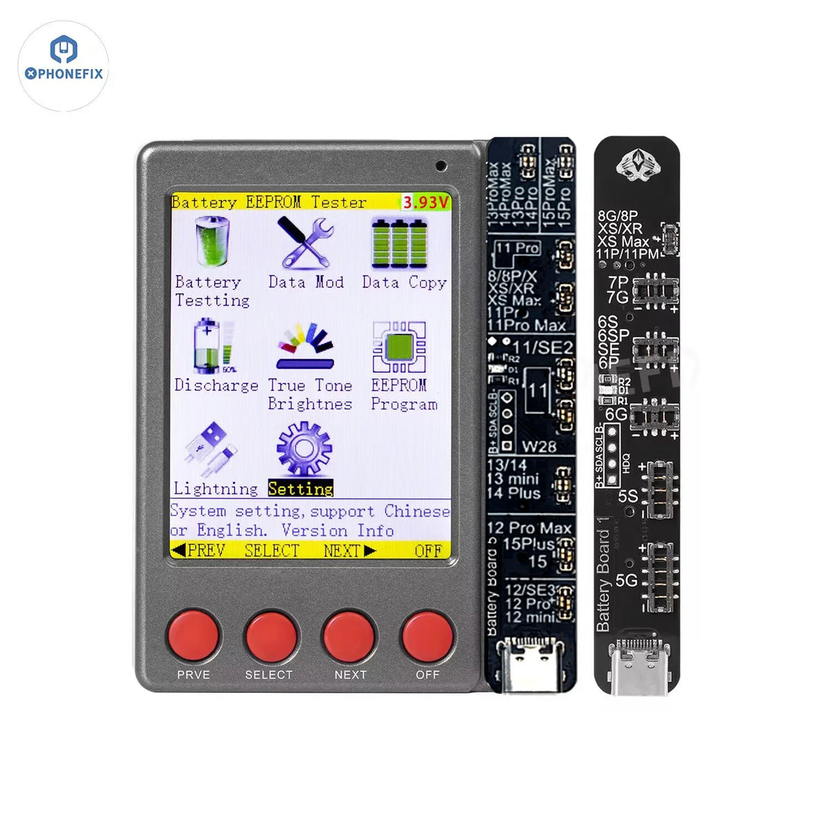 W28 Pro Screen Battery Tester for iPhone, iPad, Apple Watch, Android devices by PHONEFIX, showing device screens and testing interface