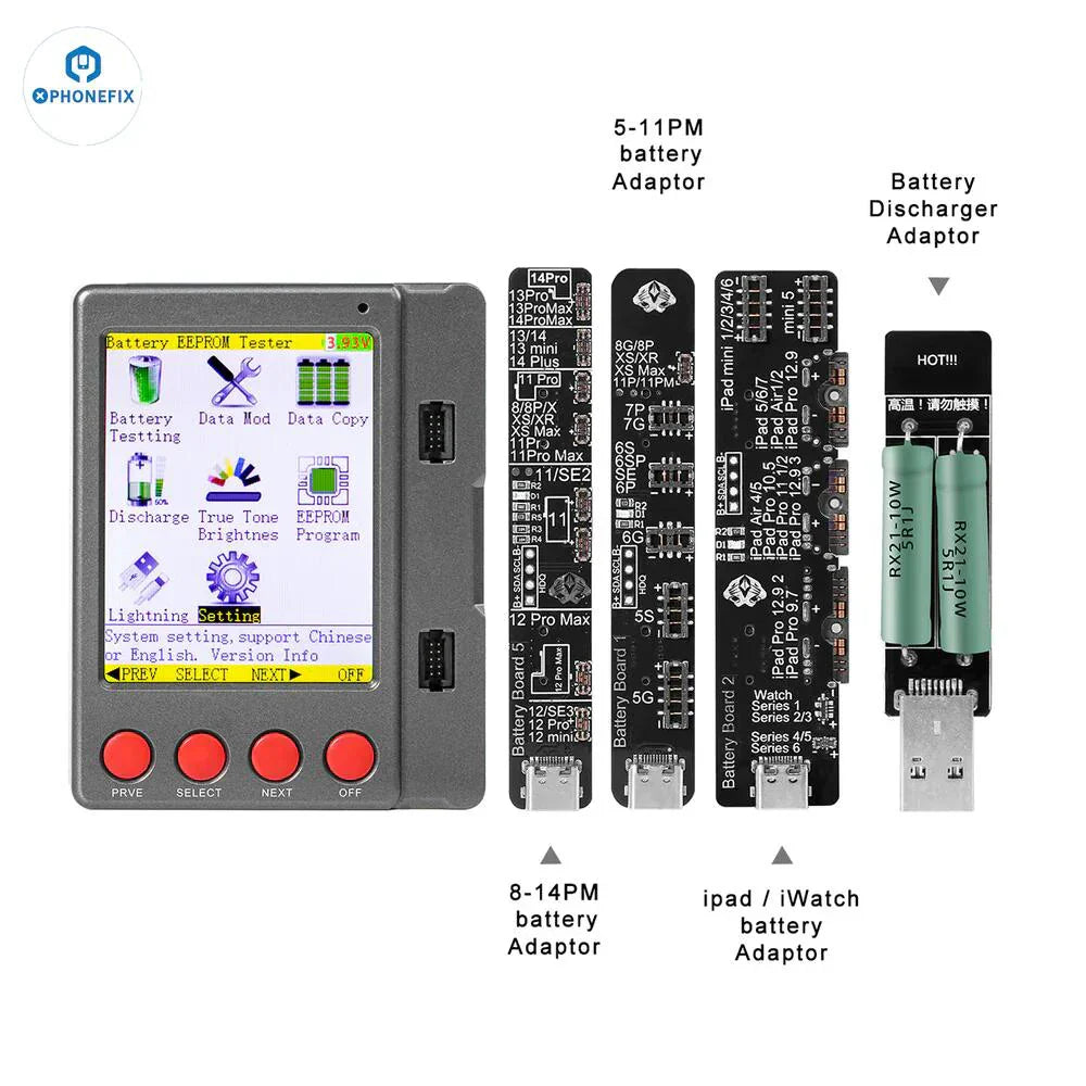 W28 Pro Screen Battery Tester for iPhone, iPad, Apple Watch, and Android devices by PHONEFIX, used for diagnosing screen and battery issues.