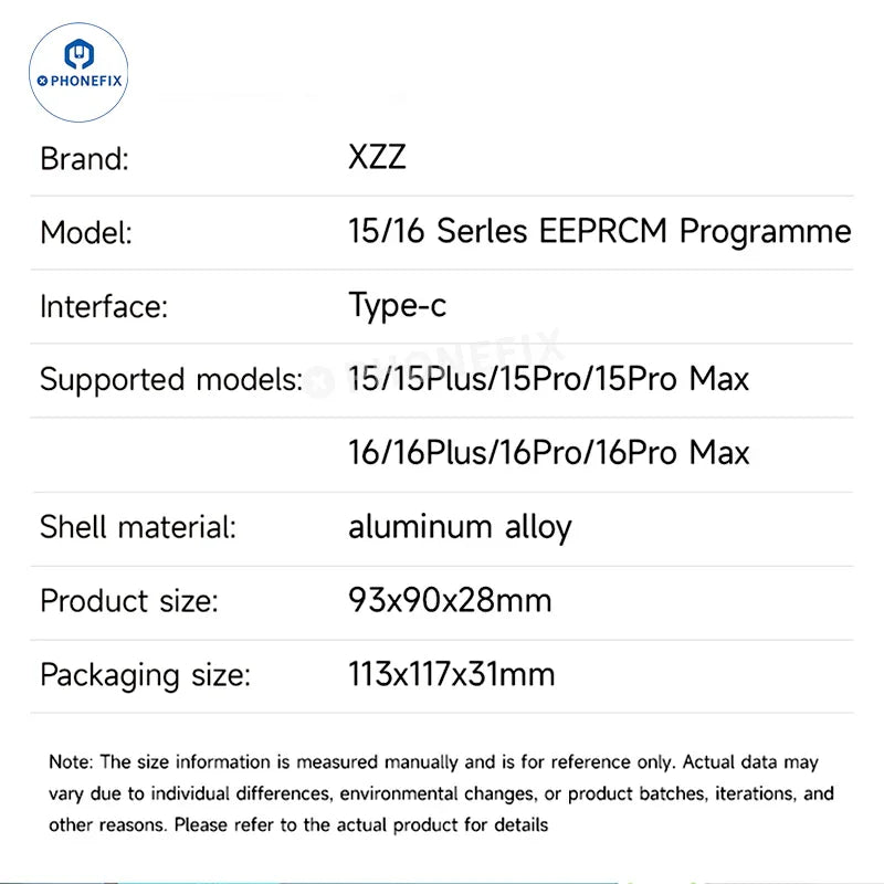 XZZ i6 EEPROM programmer for iPhone 15-16 Pro Max chip repair, a PHONEFIX phone programmer device shown in the image.