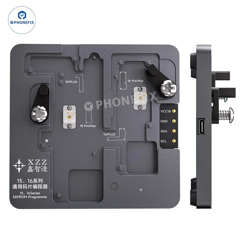 XZZ i6 EEPROM programmer for iPhone 15-16 Pro Max chip repair, PHONEFIX phone programmer device connected to electronic components.