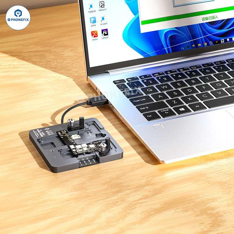 PHONEFIX XZZ i6 EEPROM programmer for iPhone 15-16 Pro Max chip repair, showing device with connected cables and screen details.