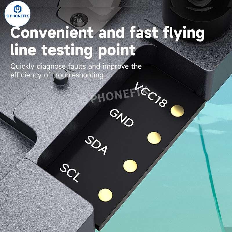 PHONEFIX XZZ i6 EEPROM programmer for iPhone 15-16 Pro Max chip repair, showing device connected to iPhone circuit board.