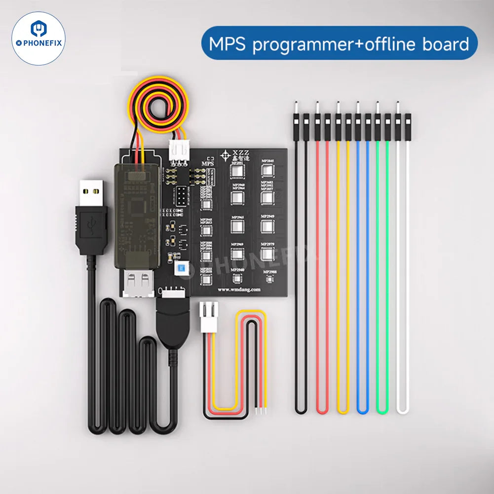 PhoneFix XZZ MPS Programmer offline board for phone chip read/write, featuring a compact notebook-style device with connectors.