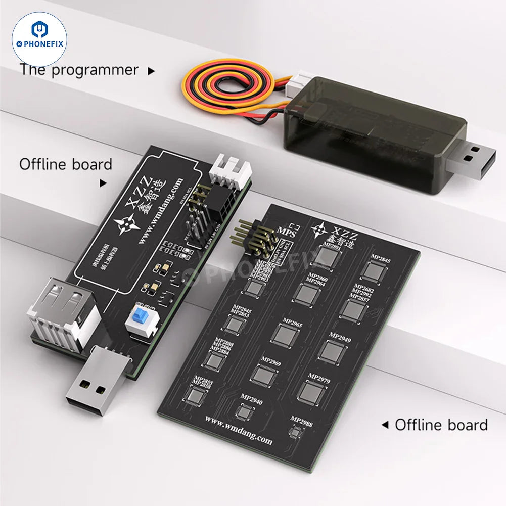 PHONEFIX XZZ MPS Programmer offline phone programmer board with chip read/write tool and notebook layout.