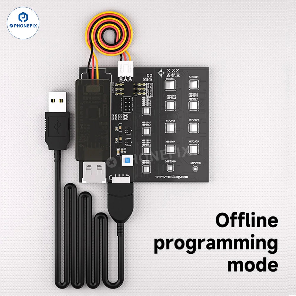 XZZ MPS Programmer offline board for phone chip read/write, used with PHONEFIX phone programmer tool, shown on white background.
