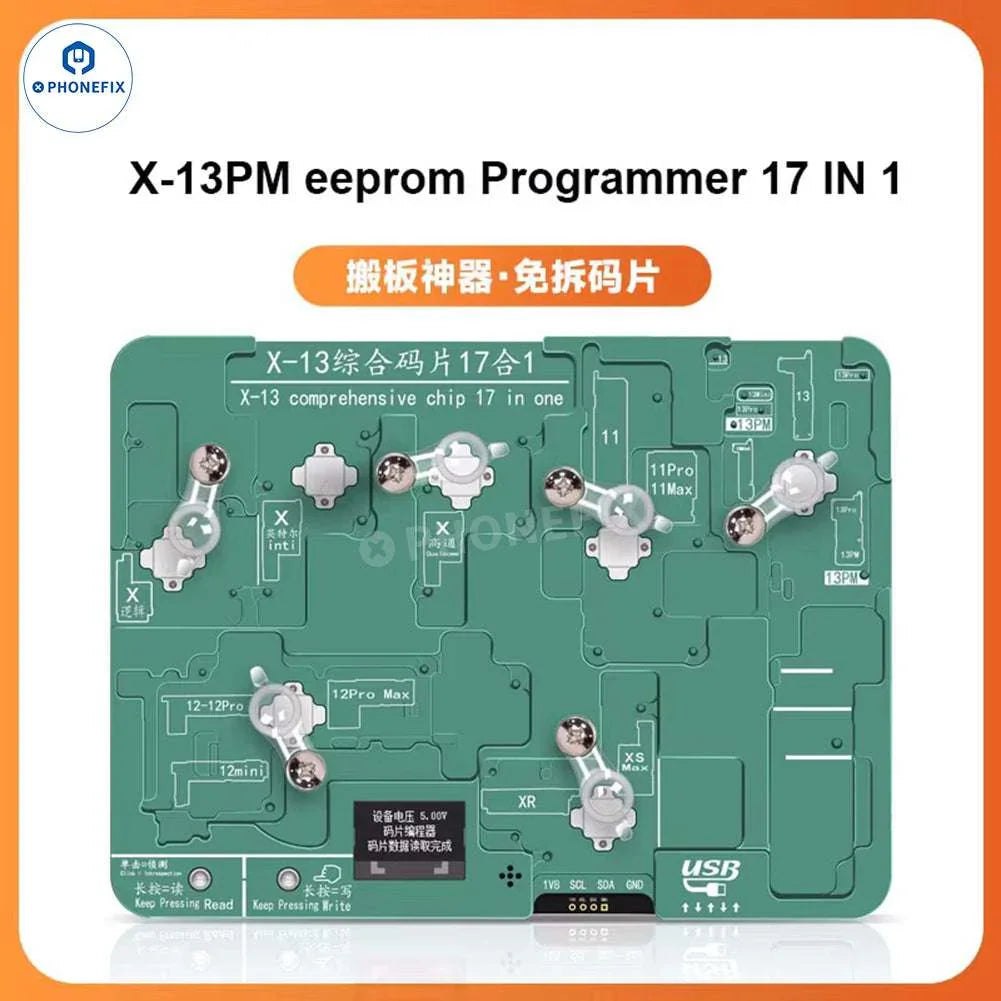 YCS EEPROM chip programmer for iPhone X-13 baseband logic repair by PHONEFIX, showing the device and connection ports.