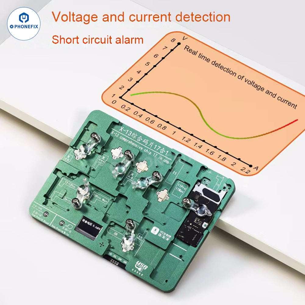 PHONEFIX YCS EEPROM chip programmer for iPhone X-13 baseband logic repair, showing the device and connected components.