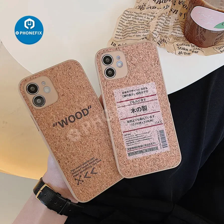 PhoneFIX eco-friendly wooden iPhone case, shockproof and protective phone protector cover with natural wood finish.