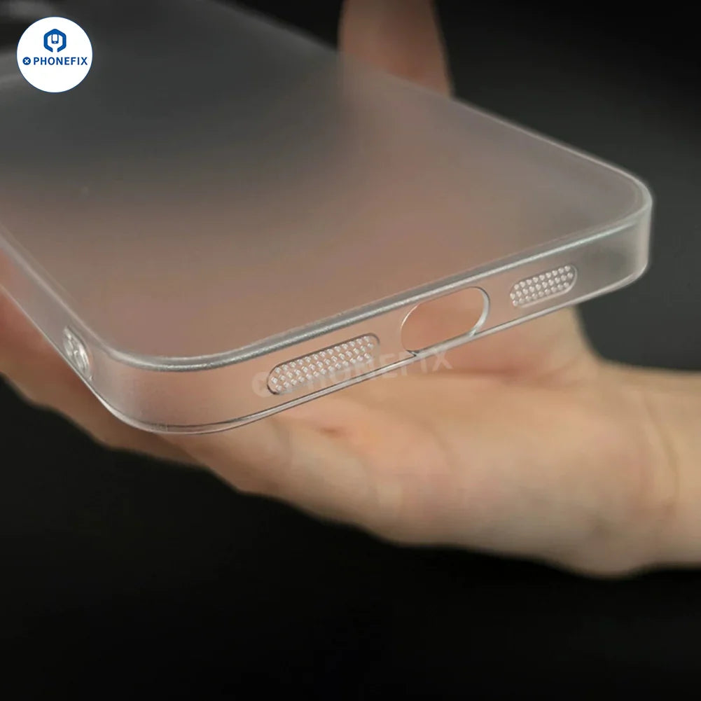 Transparent PC phone protector case for iPhone 12-16 Pro Max by PHONEFIX, showcasing a slim, matte, protective design.