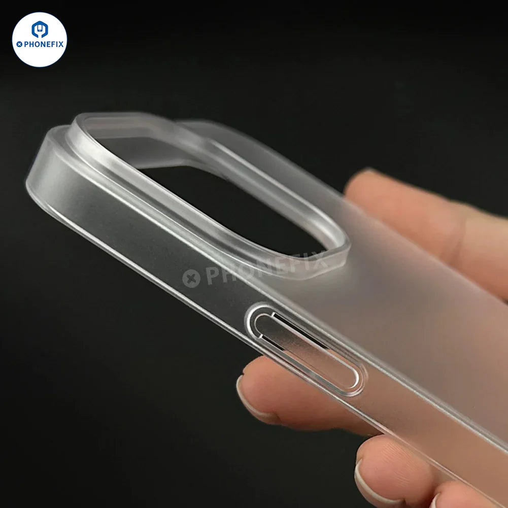 PhoneFIX matte transparent protective case for iPhone 12-16 Pro Max, showcasing slim, clear TPU design with precise cutouts.