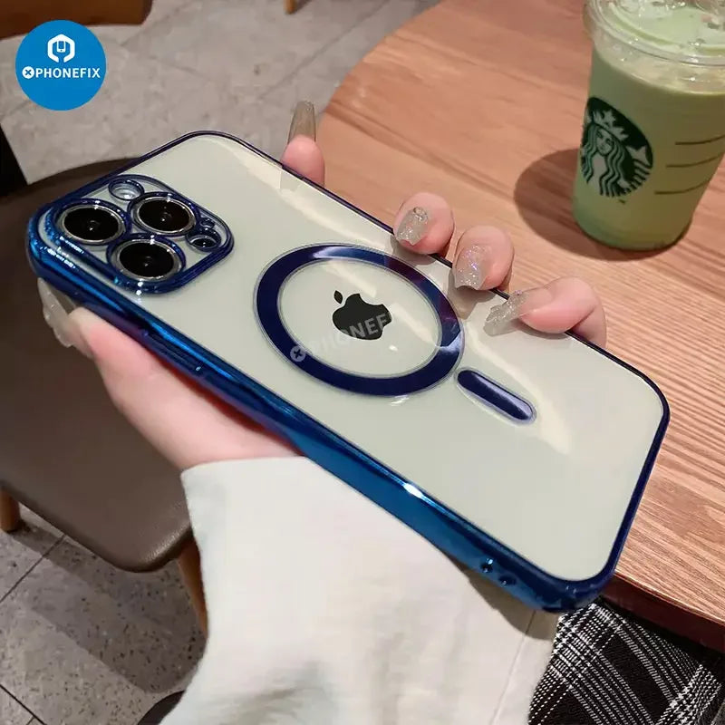 Clear phone protector case for iPhone 12-15 Pro Max with MagSafe by PHONEFIX, showing the transparent design and magnetic alignment.