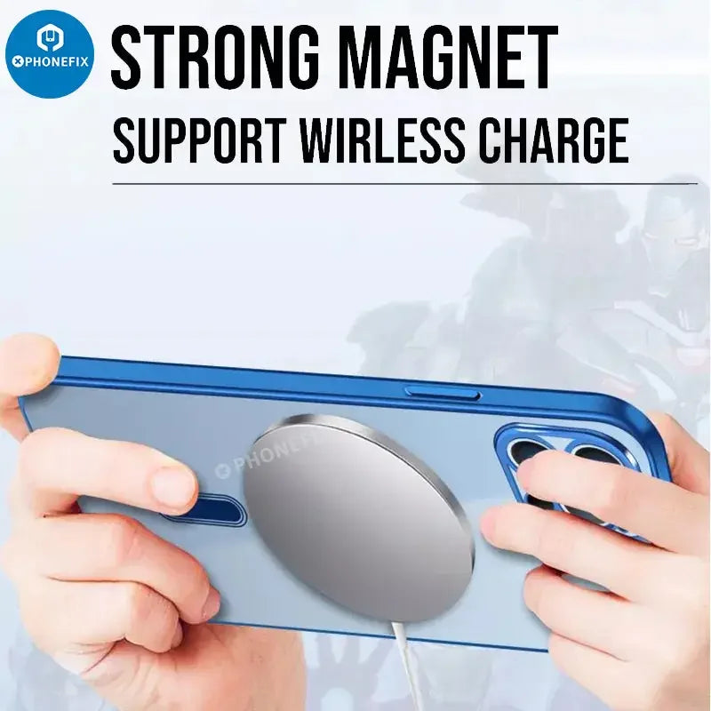 Clear phone protector case for iPhone 12-15 Pro Max with MagSafe, designed by PHONEFIX, showcasing slim transparent design.