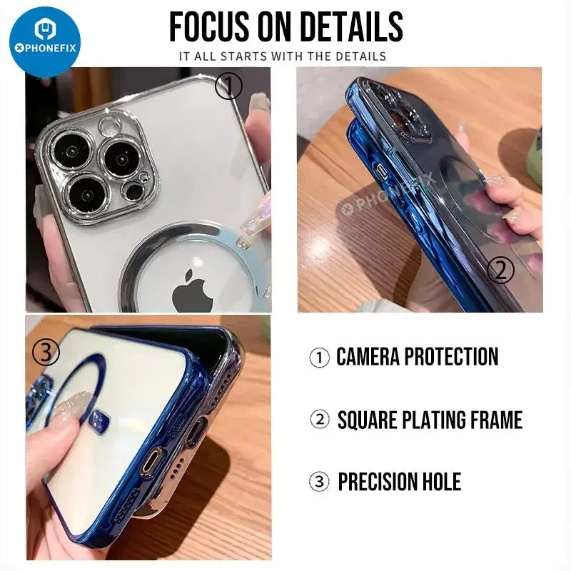 Clear PHONEFIX MagSafe phone case for iPhone 12-15 Pro Max, showing the slim protective design and precise cutouts.