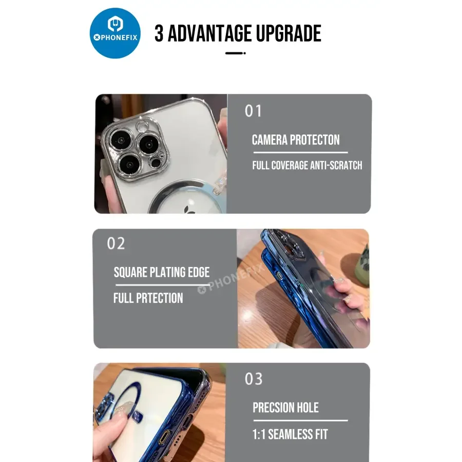 Transparent PHONEFIX MagSafe phone protector case for iPhone 12-15 Pro Max, showcasing the clear design and magnetic feature.