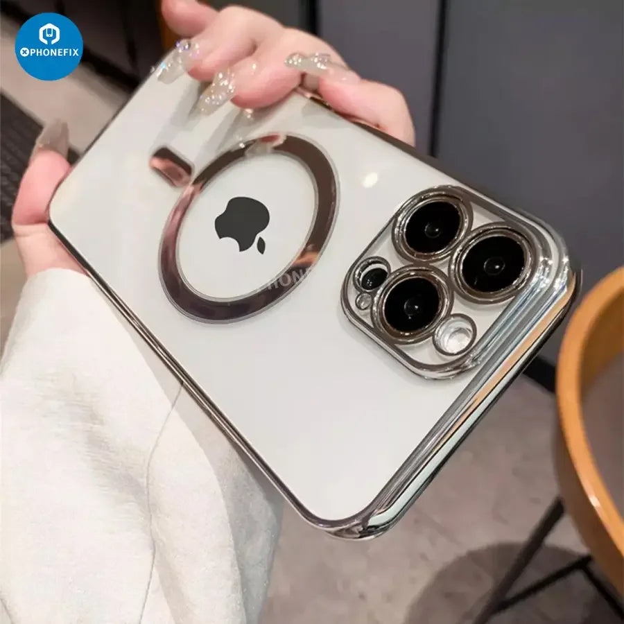 Transparent PHONEFIX MagSafe case for iPhone 12-15 Pro Max, showcasing clear design and precise cutouts for phone protection.