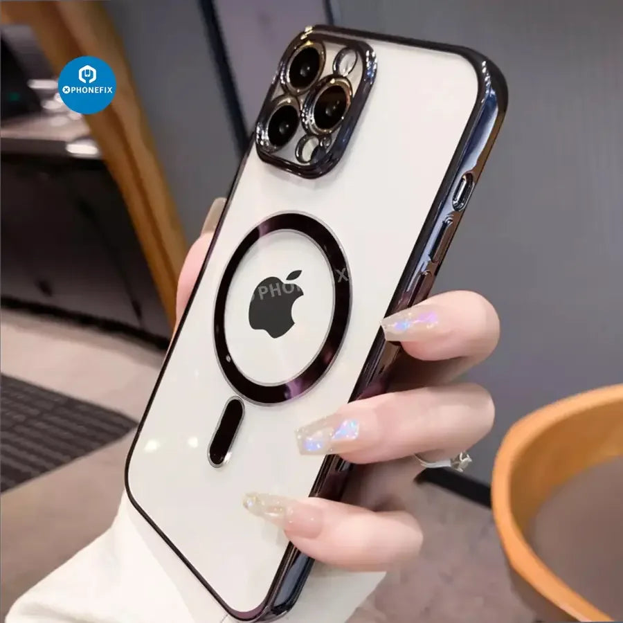 Clear phone protector case for iPhone 12-15 Pro Max with MagSafe, made by PHONEFIX, showcasing the slim design and secure fit.