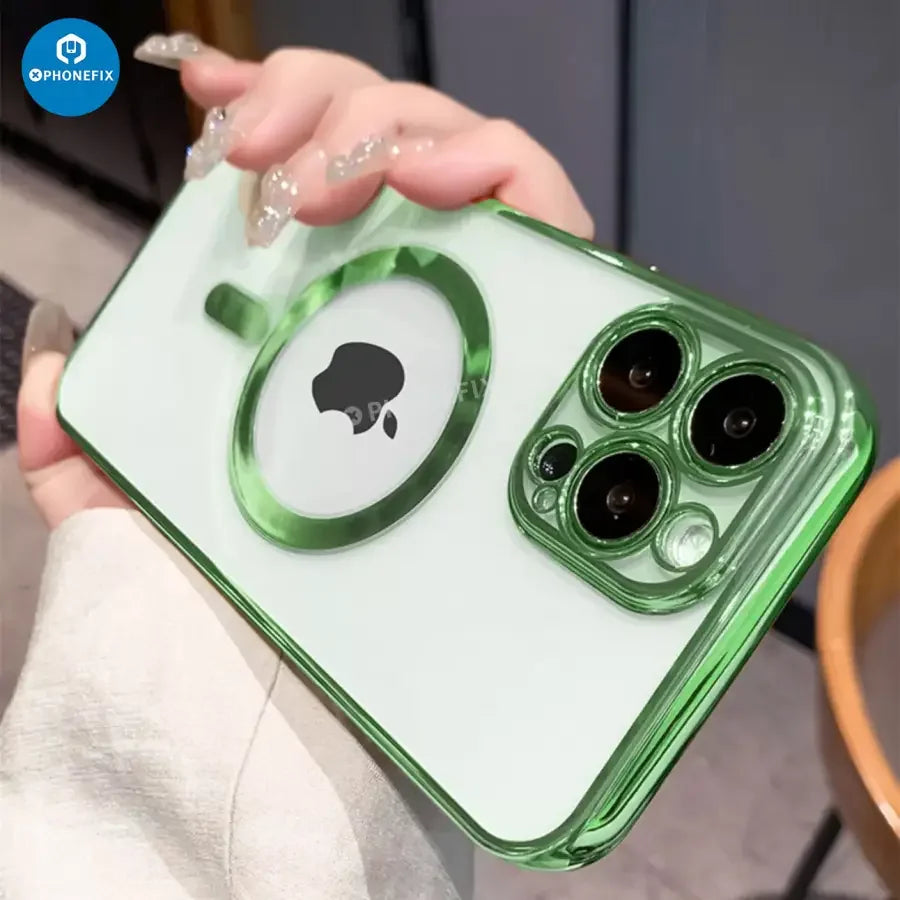 Clear phone protector case for iPhone 12-15 Pro Max with MagSafe, by PHONEFIX, showing the transparent design and MagSafe compatibility.