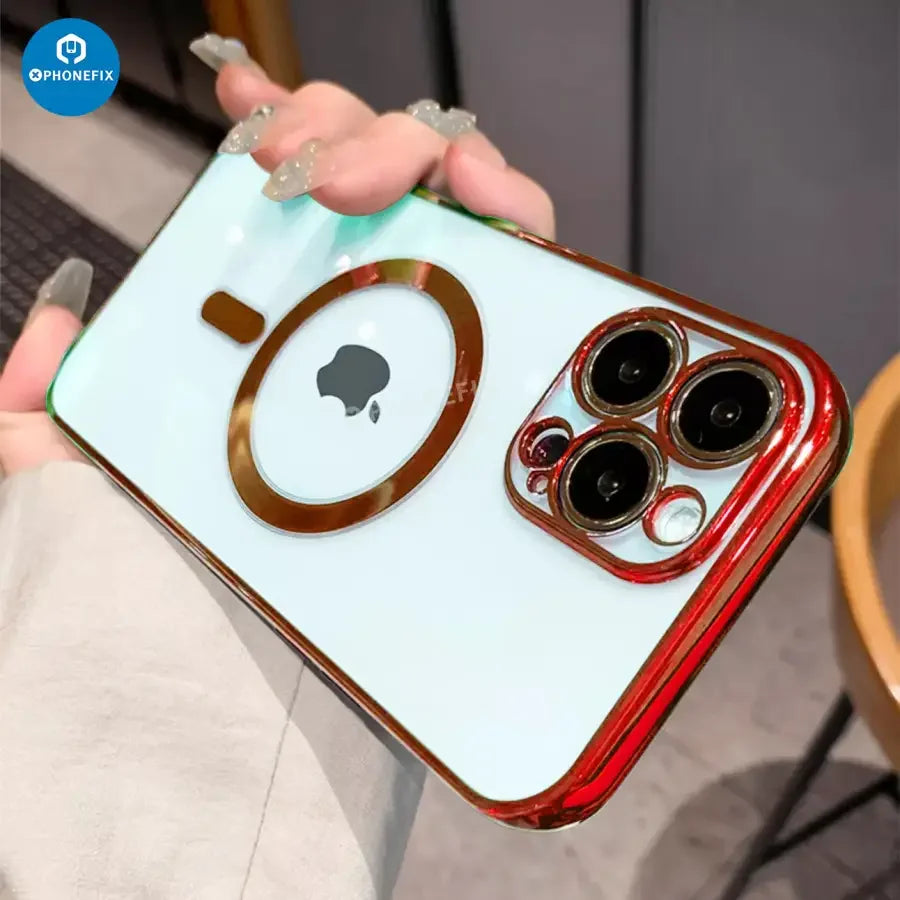 Clear PHONEFIX MagSafe phone protector case for iPhone 12-15 Pro Max, showcasing slim design and precise cutouts for ports and buttons.