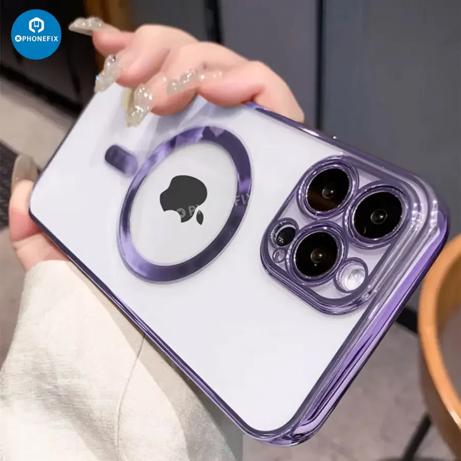 Clear PhoneFix MagSafe case for iPhone 12-15 Pro Max, transparent protective cover with precise cutouts and sleek design.