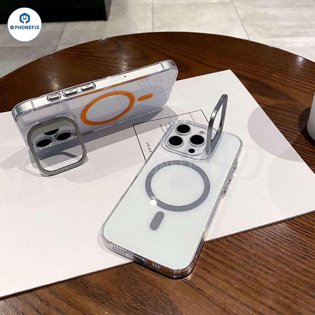 Clear PHONEFIX iPhone 13-17 MagSafe case with metal camera ring stand, transparent protective cover for iPhone models.