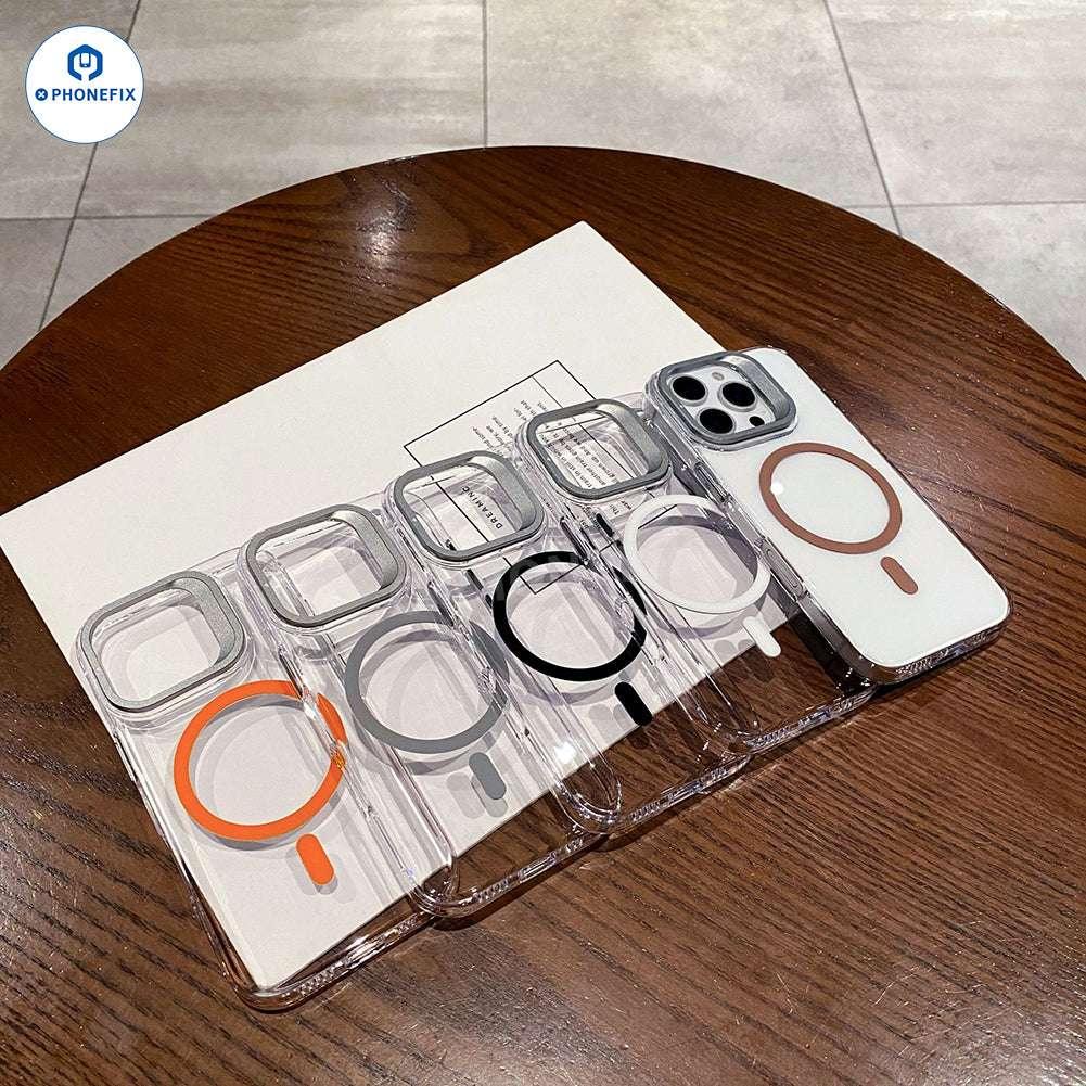 PHONEFIX clear iPhone 13-17 case with MagSafe, metal camera ring, and stand for protection and convenience.
