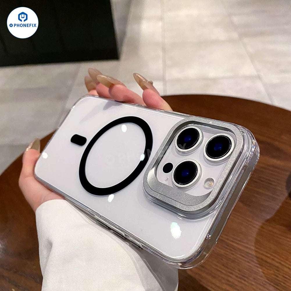 PHONEFIX iPhone 13-17 clear case with MagSafe, metal camera ring, and stand for protection and easy viewing.