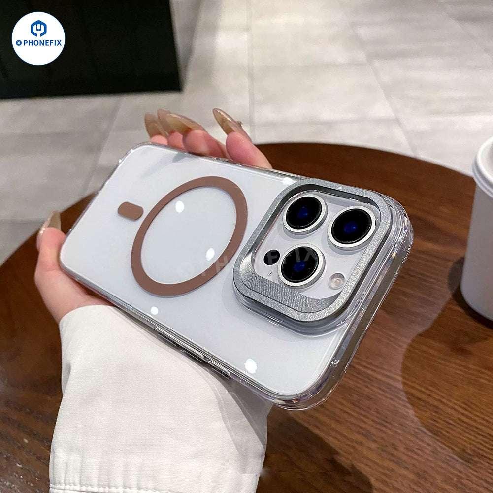PhoneFIX clear iPhone 13-17 case with MagSafe, metal camera ring, and built-in stand for protection and style.