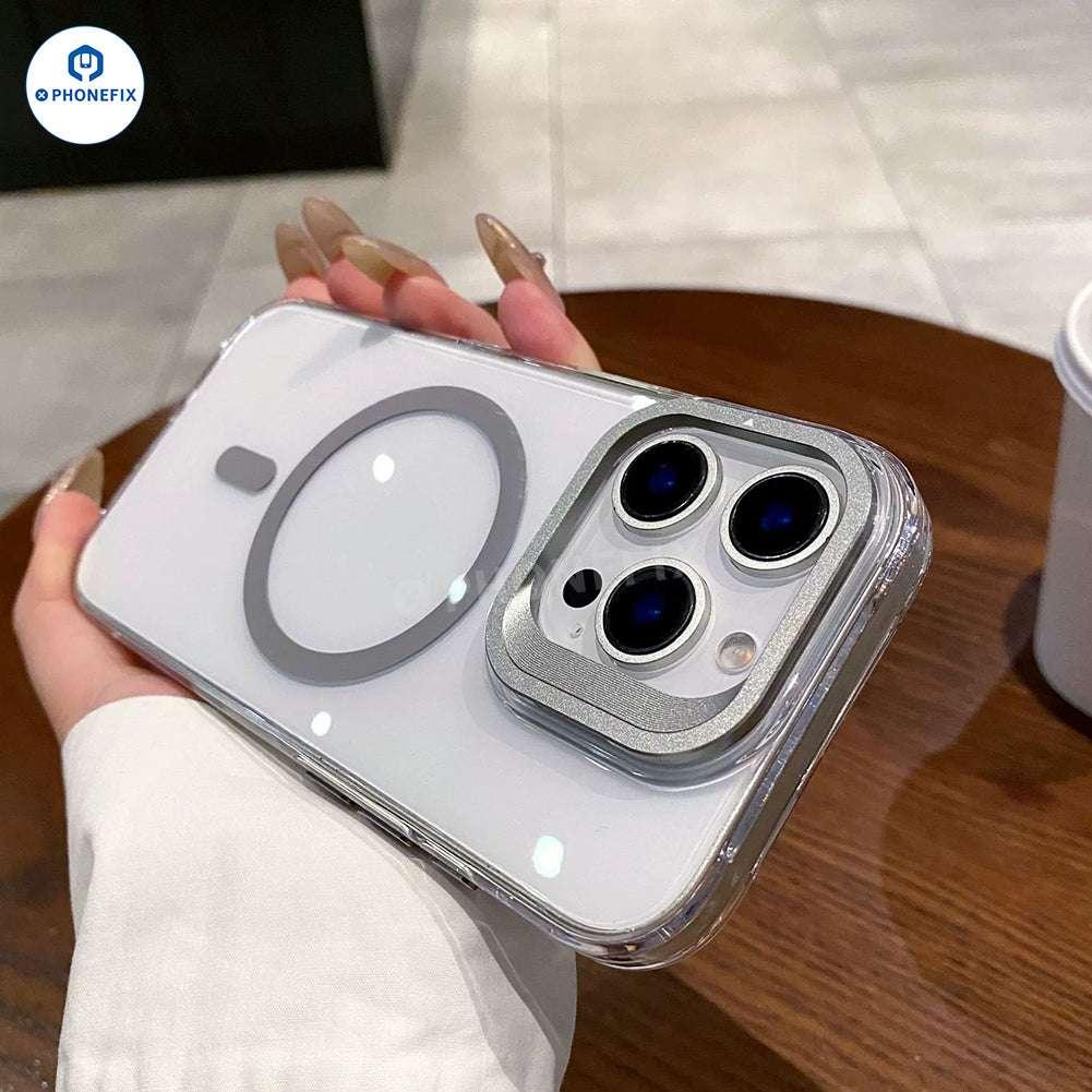 Clear PHONEFIX iPhone 13-17 MagSafe case with metal camera ring and built-in stand, offering protection and style for your smartphone.