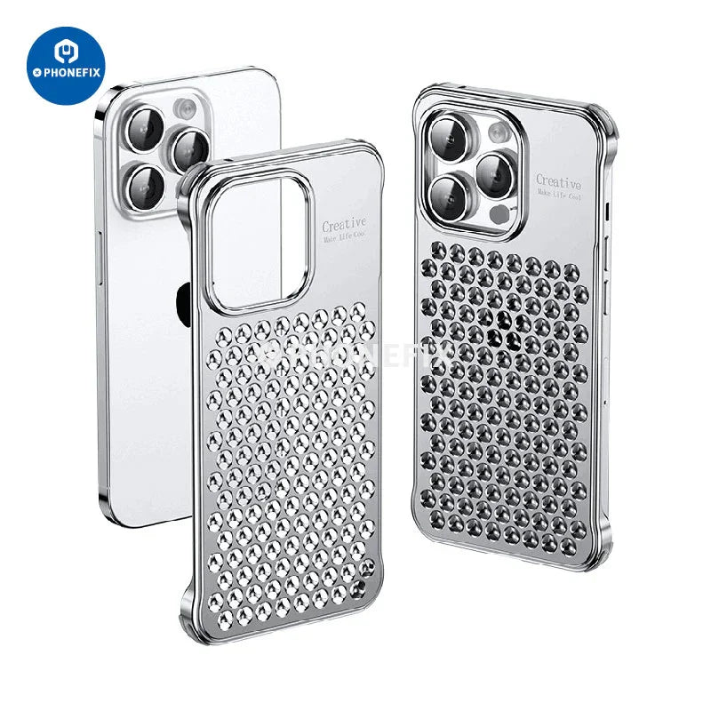 Aluminum alloy heat dissipation phone case for iPhone 14 and 15 series, showing sleek design and cooling vents.