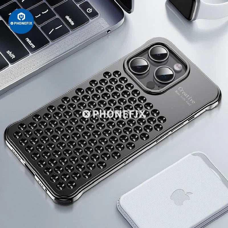 Aluminum alloy heat dissipation phone case for iPhone 14 and 15 series, PHONEFIX brand, showing sleek protective design with ventilation features.