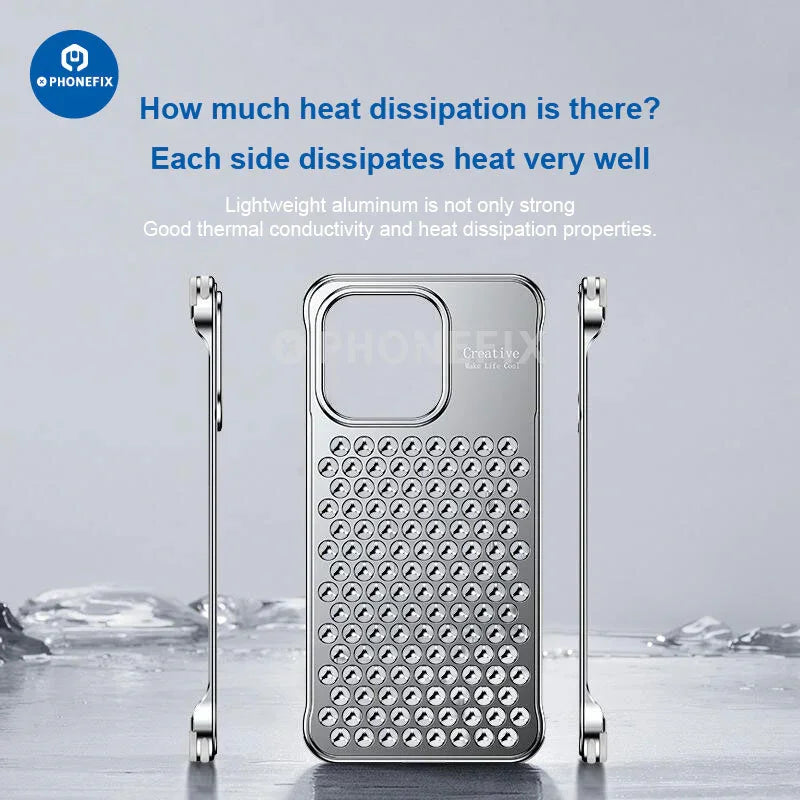 PHONEFIX aluminum alloy heat dissipation phone case for iPhone 14 and 15 series, black, protective phone protector with cooling design.
