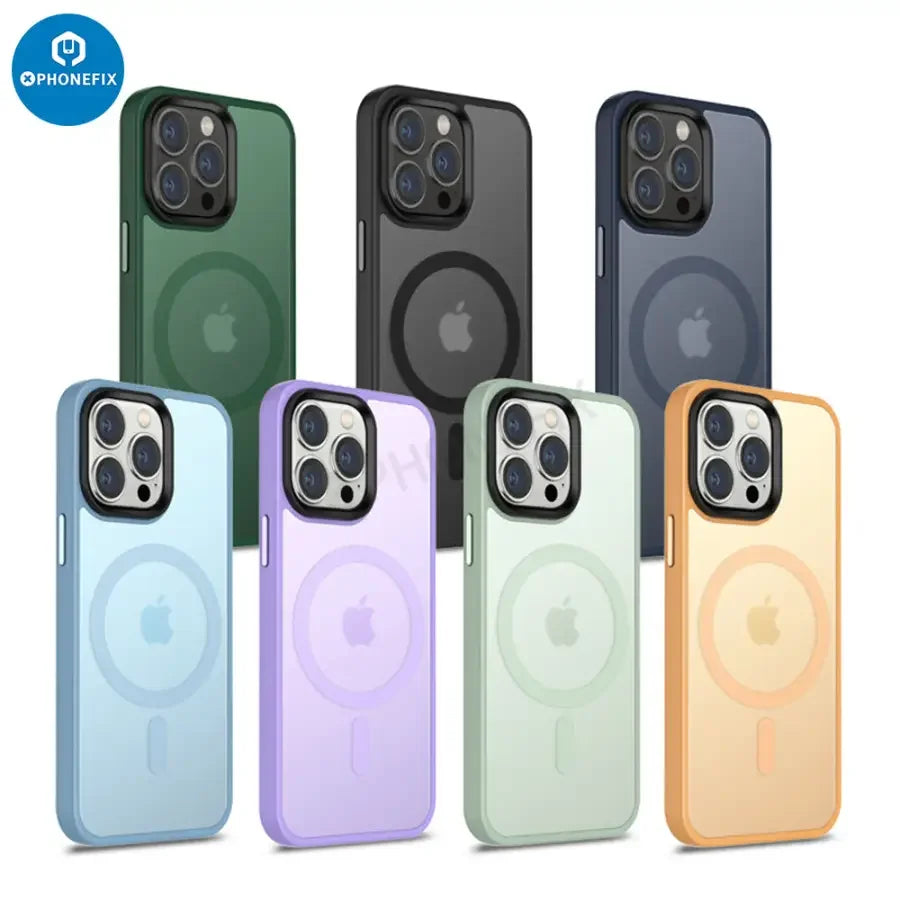 Silicone phone protector case for iPhone 12-15 Pro Max with MagSafe, by PHONEFIX, showing a sleek black design and magnetic attachment.