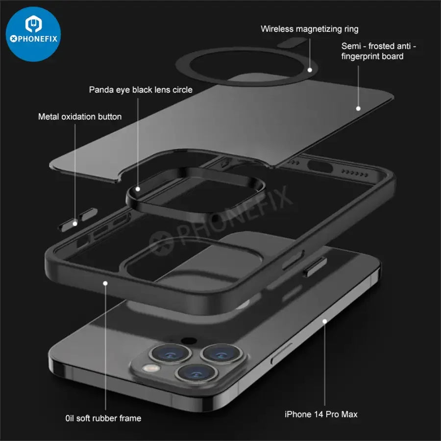 Étui de protection en silicone avec MagSafe pour iPhone 14 Pro Max, noir, de PHONEFIX, montrant les vues avant et arrière.