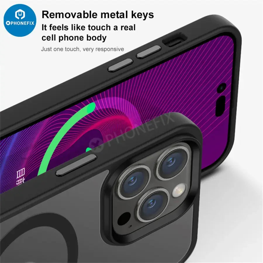 Étui de téléphone en silicone avec MagSafe pour iPhone 12, 13, 14 et 15 Pro Max de PHONEFIX, doté d'une finition lisse et de découpes précises.