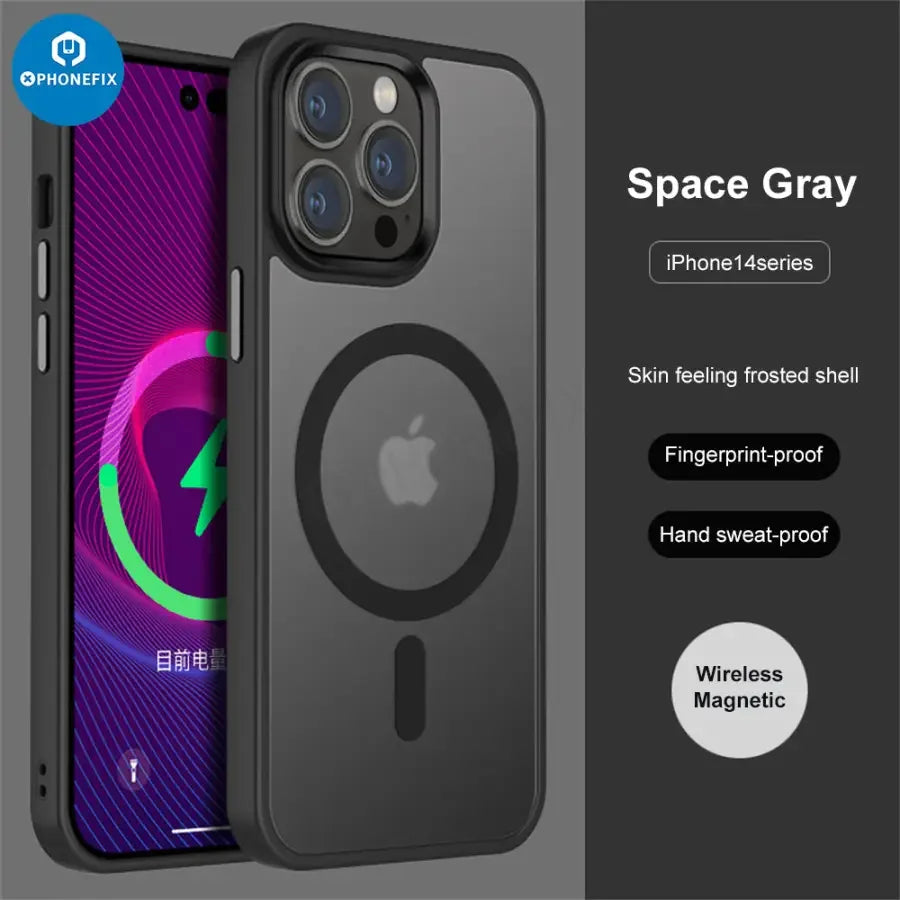 Étui de téléphone en silicone avec MagSafe pour iPhone 14 Pro Max, protecteur noir de la marque PHONEFIX, design fin et protecteur.