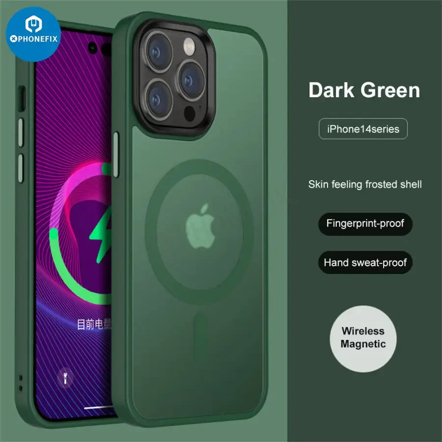 Étui de protection en silicone avec MagSafe pour iPhone 14 Pro Max, noir, conçu par PHONEFIX, montrant les vues avant et arrière.