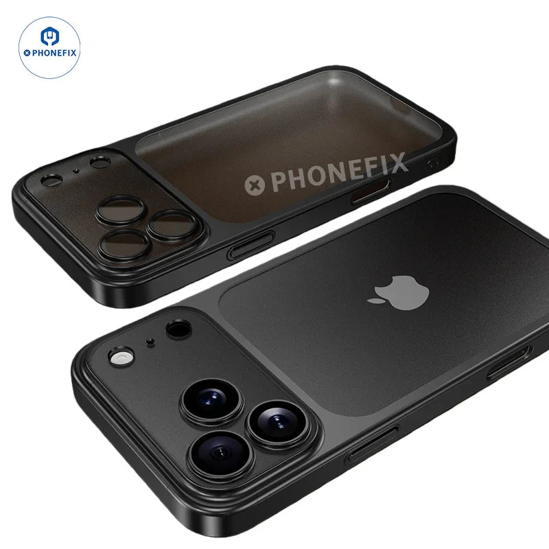 PHONEFIX ultra-thin matte electroplated phone case for iPhone 15-17 Pro Max, showing sleek, protective design with metallic finish.