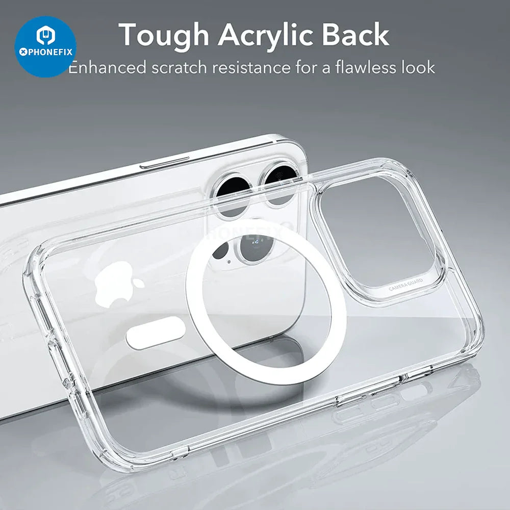 Transparent Ultra Hybrid Phone Protector Case for iPhone 8 to 15 Pro Max by PHONEFIX, featuring classic magnetic design.