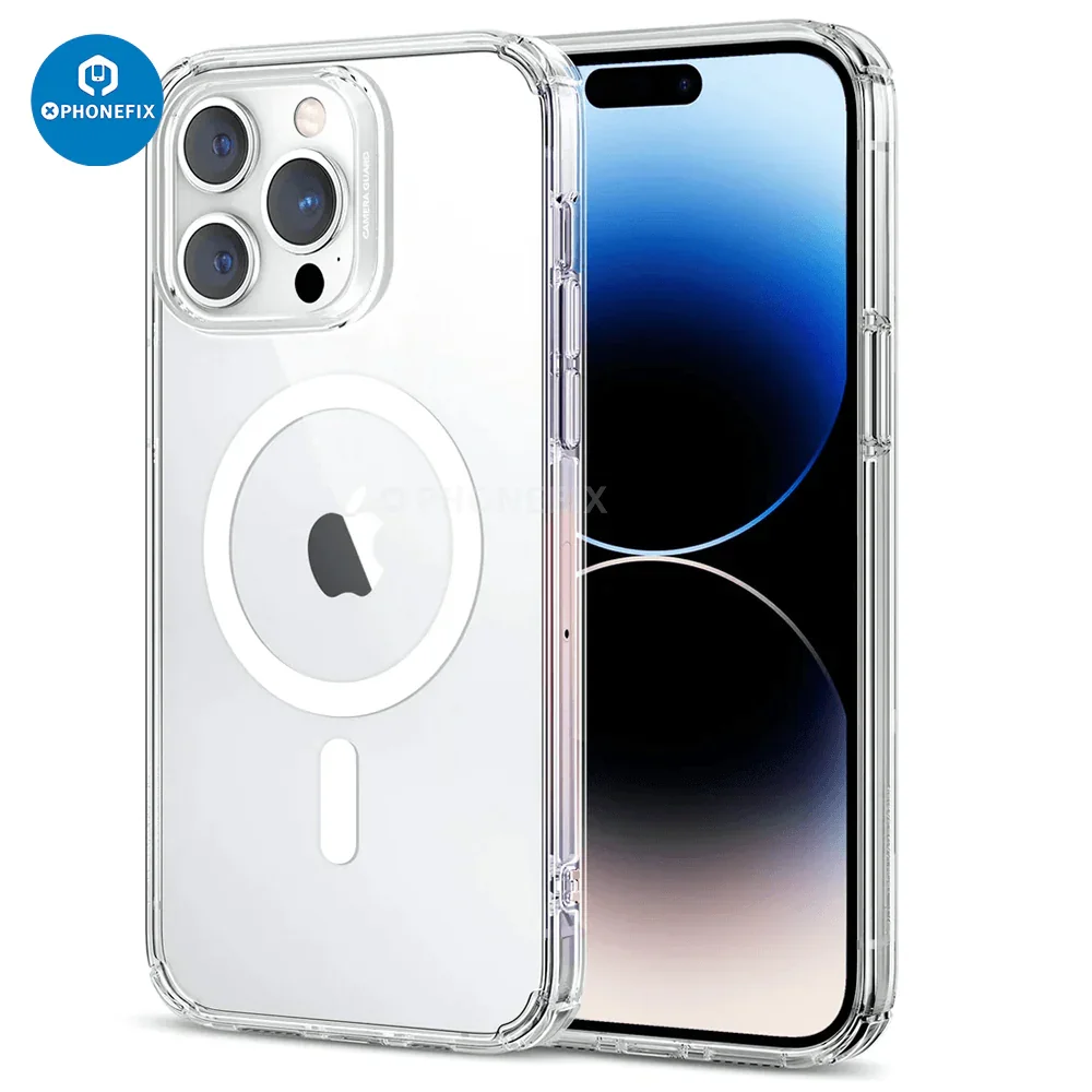 Transparent Ultra Hybrid phone protector case for iPhone 8 to 15 Pro Max from PHONEFIX, featuring a classic magnetic design.