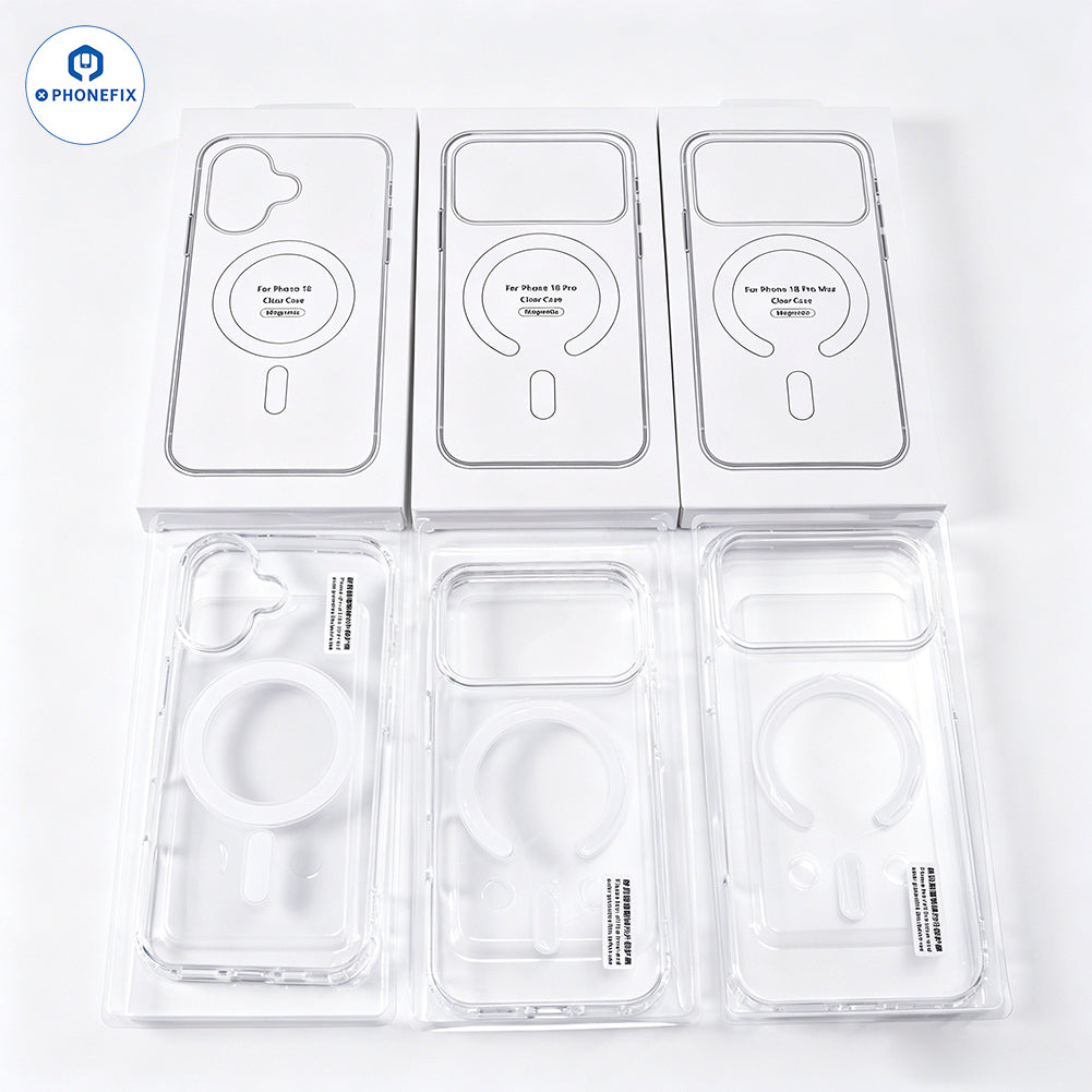 Clear PhoneFix MagSafe case on an iPhone 17 Pro Max, showing transparent protective cover with magnetic attachment for wireless charging.