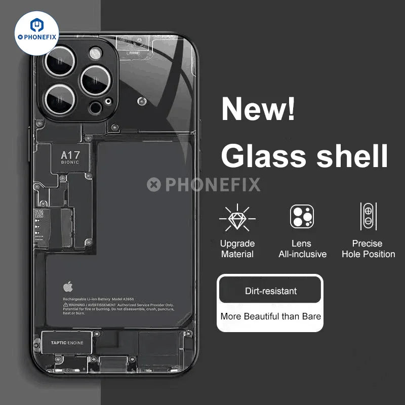 PhoneFIX motherboard circuit board glass phone case for iPhone 12-15 Pro Max, stylish protective cover with detailed circuit design.