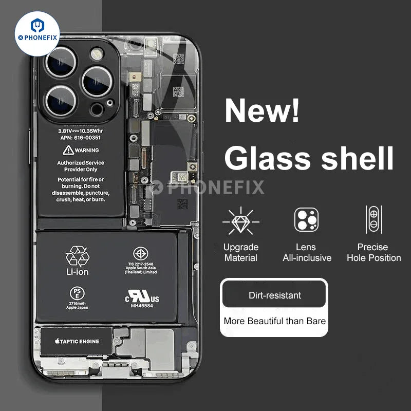 PhoneFIX motherboard circuit board glass phone case for iPhone 12-15 Pro Max, protective and stylish phone protector case.