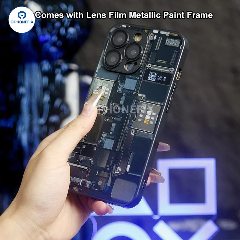 PhoneFIX motherboard circuit board glass phone case for iPhone 12-15 Pro Max, crystal-clear protective cover featuring detailed circuit design.
