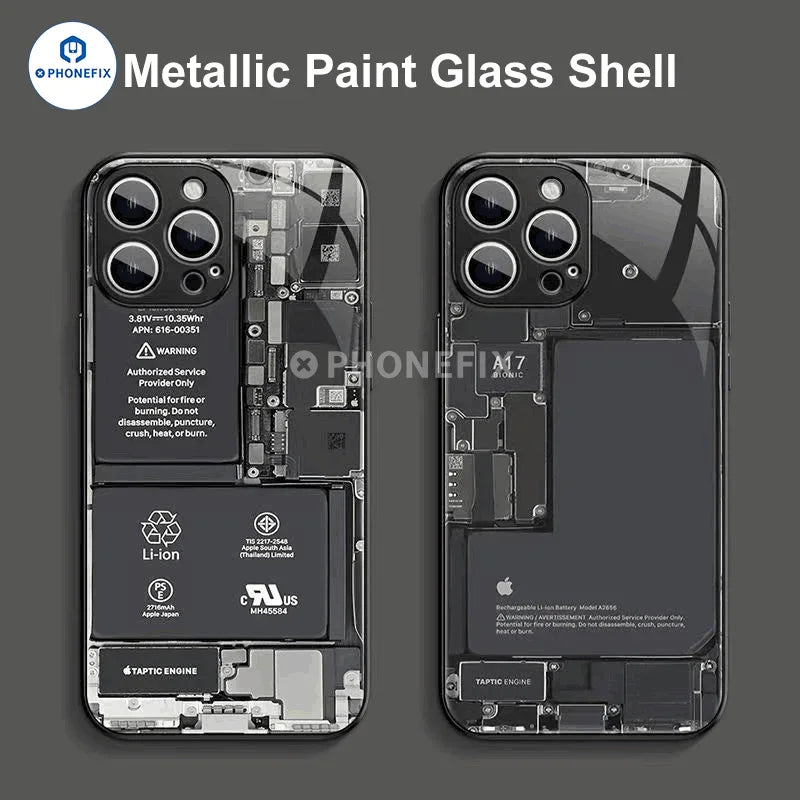 PhoneFIX motherboard circuit board glass phone case for iPhone 12-15 Pro Max, clear protective cover with detailed circuit design.