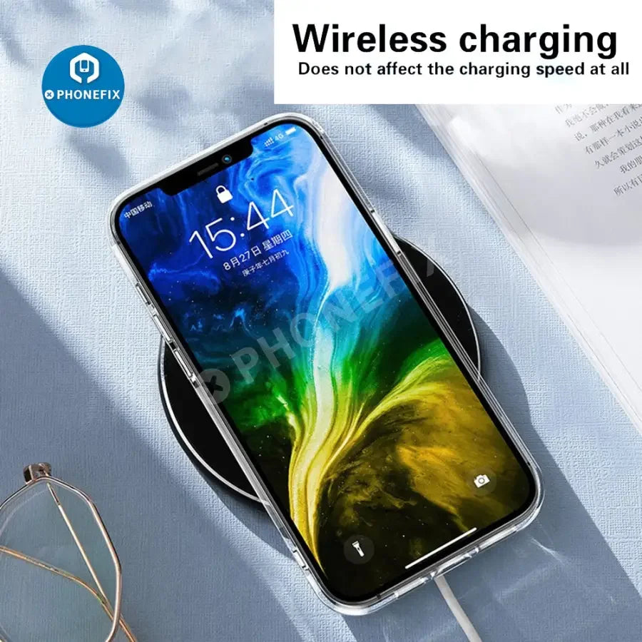 Clear ultra-thin TPU silicone phone case for iPhone 8 to 17 Pro Max, showing smooth, soft material and precise cutouts.