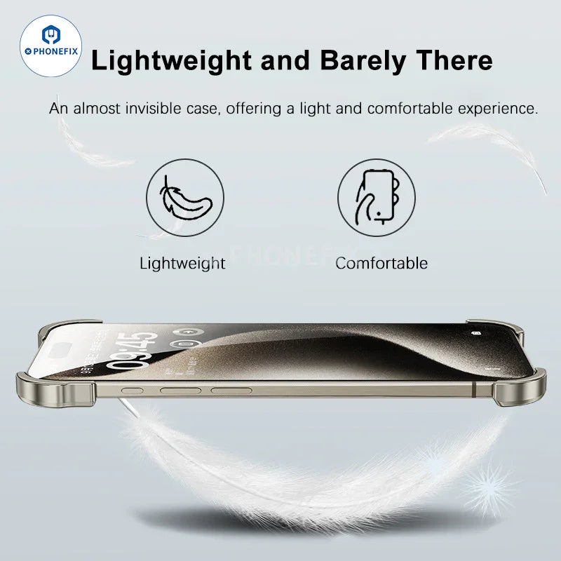 Black PHONEFIX metal corner pad frameless iPhone case with anti-fall protection for iPhone 12 to 17, showcasing corner reinforcement.